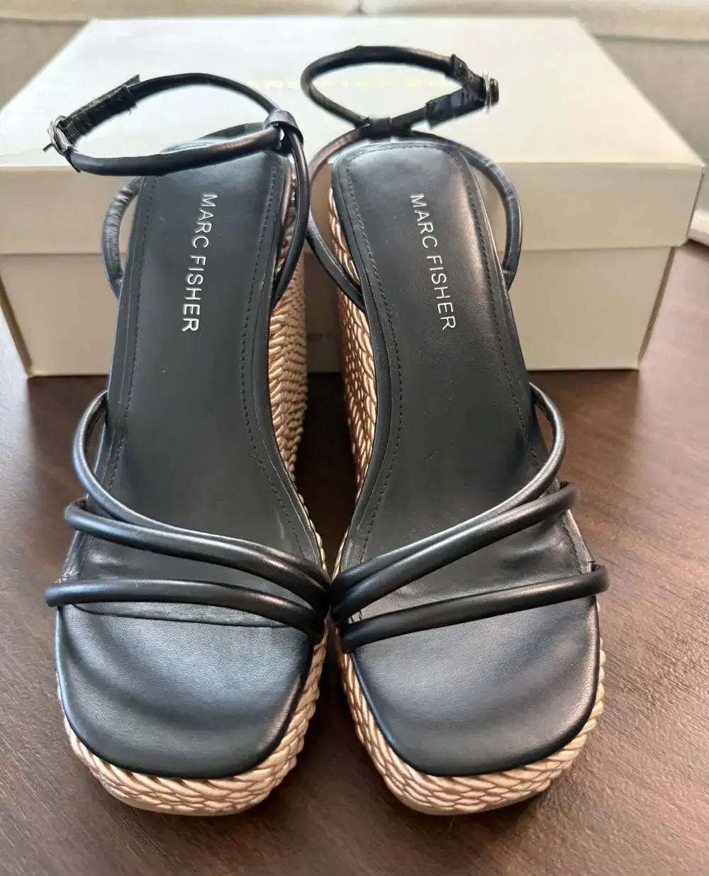 Marc Fisher Zeki Women's Black Ankle Strap Espadrille Wedge Sandals